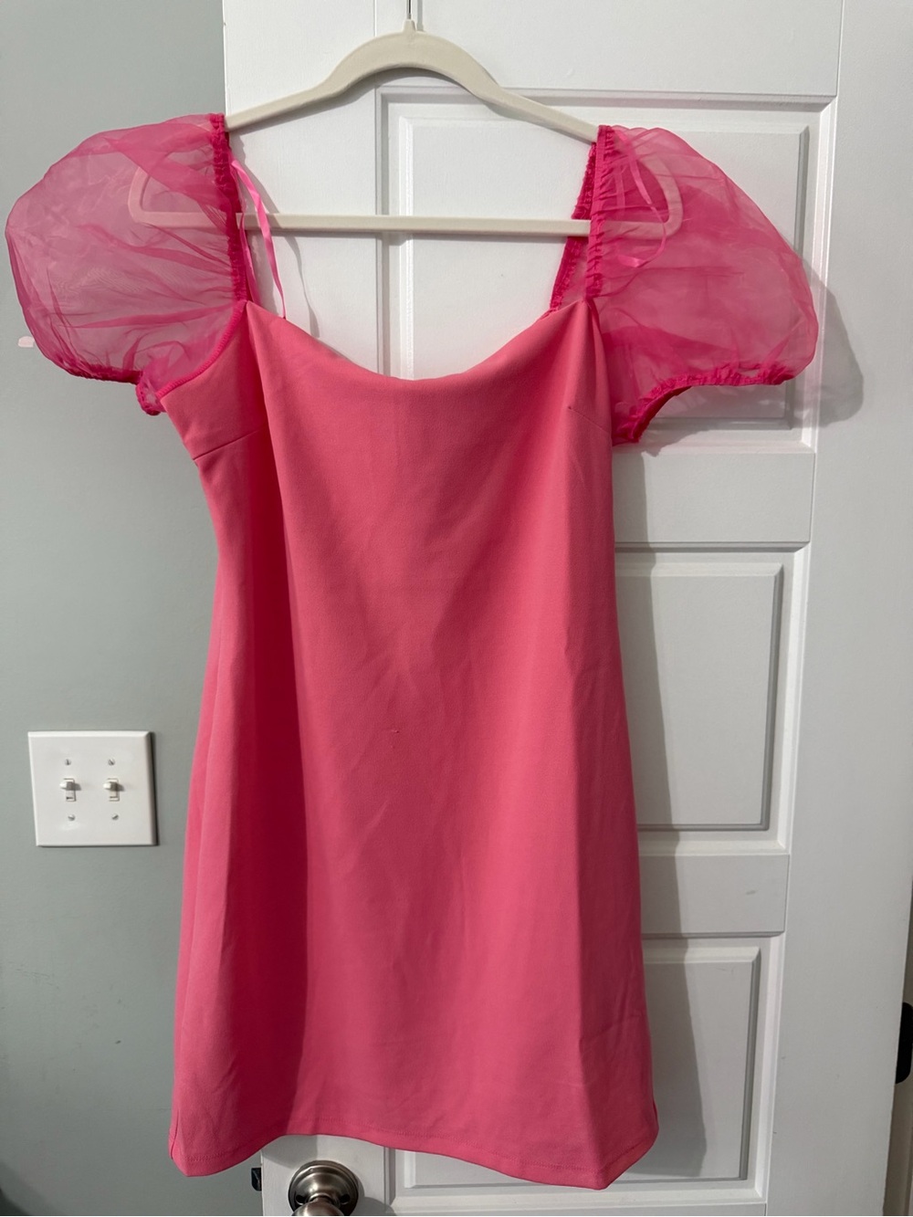 She + Sky Hot Pink Puff Sleeve Slip Dress